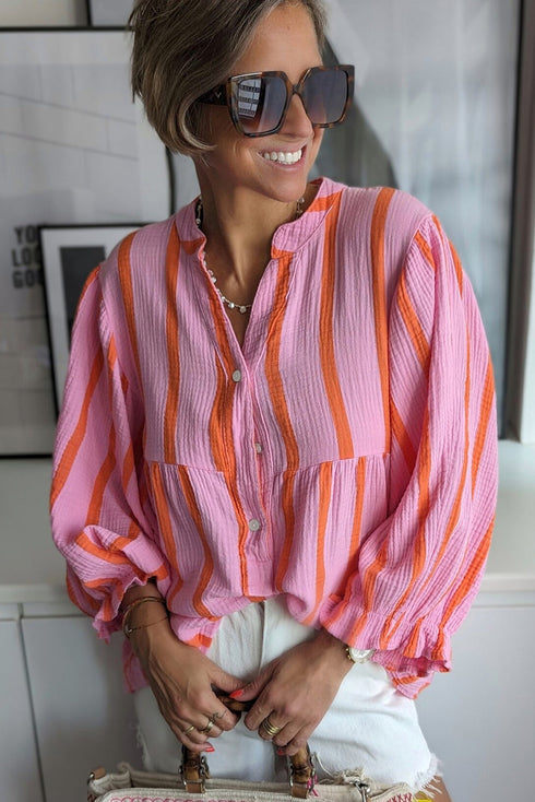 Stripe Crinckled Ruffled Sleeve Button up Loose Shirt